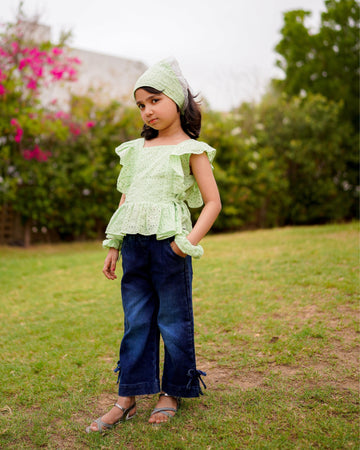 Mimi Ruffle Chikankari Top & Denim Set – Pistachio