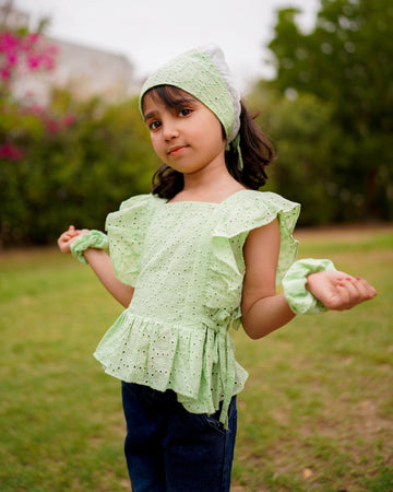 Mimi Ruffle Chikankari Top – Pistachio