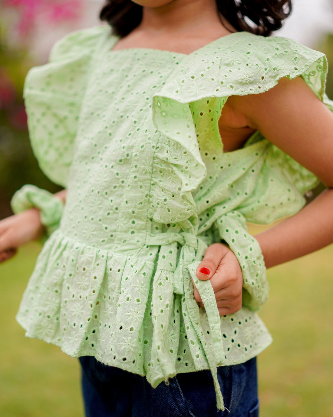 Mimi Ruffle Chikankari Top & Denim Set – Pistachio