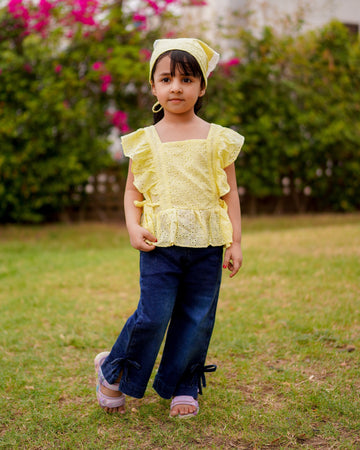 Mimi Ruffle Chikankari Top & Denim Set – Lemon