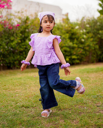 Mimi Ruffle Chikankari Top & Denim Set – Lilac