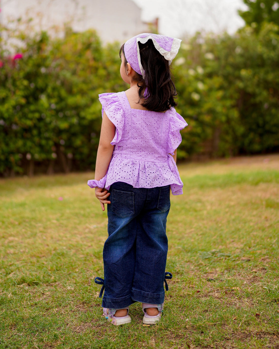 Mimi Ruffle Chikankari Top & Denim Set – Lilac