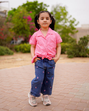 Bloom Tie Chikankari Top & Denim Set – Pink