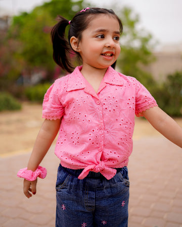 Bloom Tie Chikankari Top – Pink